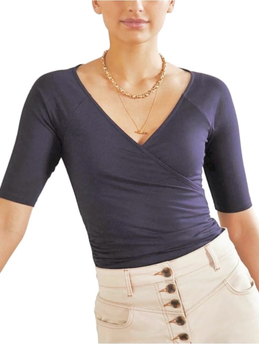 Boden Womens Wrap Top, elbow sleeve Blue